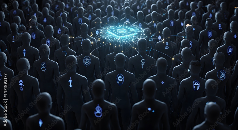 Obraz premium Abstract crowd of figures surrounding a central glowing element
