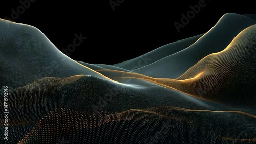 Abstract digital terrain of glowing, dotted waves. Undulating forms in golden and blue hues flow against a stark black background