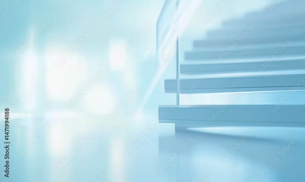 Obraz premium Modern White Stairs with Glass Railing in Bright Abstract Room Interior Design Architecture with Minimalist Style and Blue Background