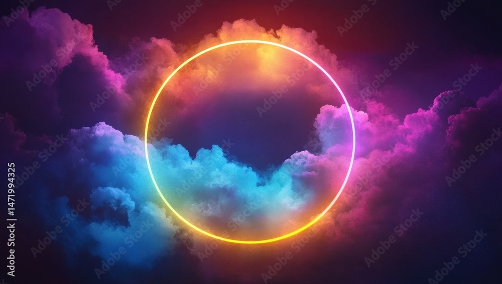 Neon Circle Frame amidst Multicolored Clouds in a Dreamlike Celestial Space with Vibrant Energy Abstract Background