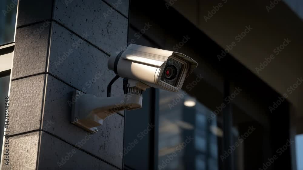 Modern surveillance camera mounted on textured exterior wall, providing security and monitoring for home or business Modern surveillance camera mounted on textured exterior wall, providing security and monitoring for home or business