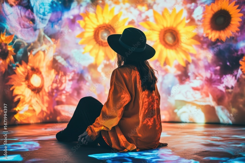 Obraz premium Young woman wearing hat enjoying immersive digital art projection of sunflowers