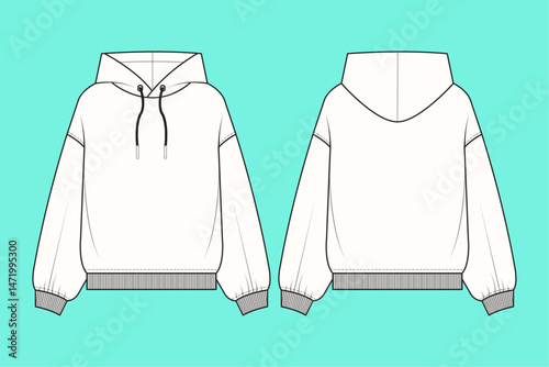 Men's hoodie fashion flat sketch template outline CAD mockup front and back views.