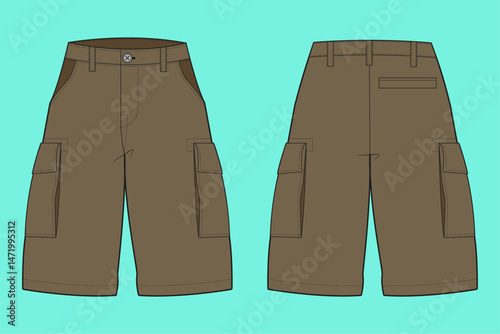 Men's Shorts fashion flat sketch template outline CAD mockup front and back views.