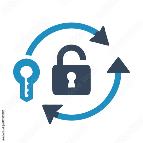 Padlock and key with circular arrows in flat blue style