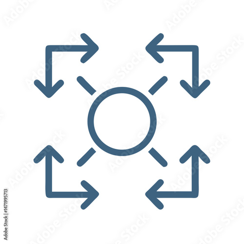 Circle with arrows pointing outward in minimal blue design