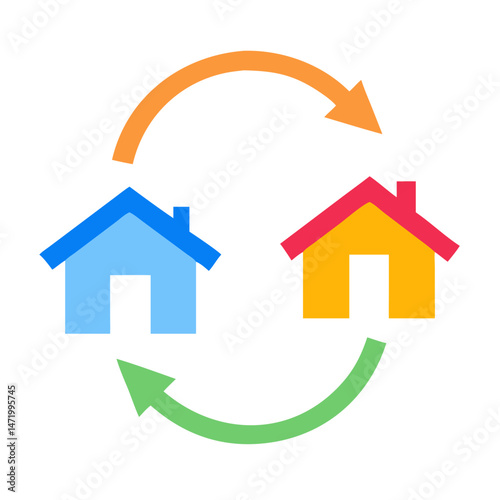 Two colorful houses with circular arrows in flat style