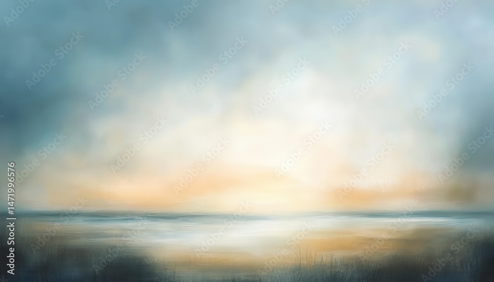 Serene Abstract Seascape with Soft Golden Light on Ocean Horizon with Textured Background in Shades of Blue and Brown Serene Abstract Seascape with Soft Golden Light on Ocean Horizon with Textured Background in Shades of Blue and Brown