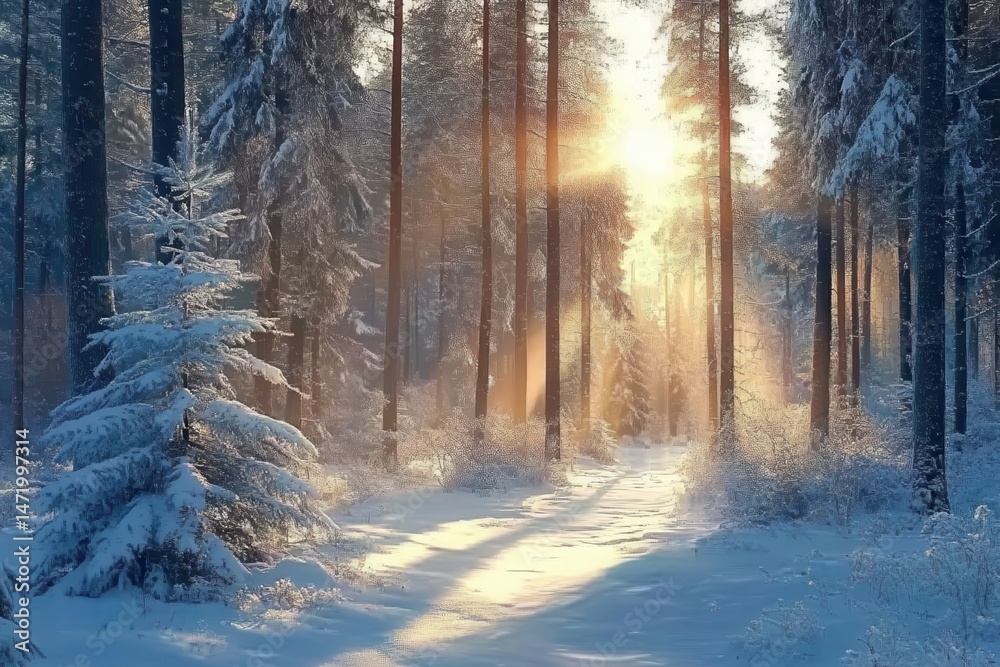 Naklejka premium Sunlit Winter Wonderland Snowy Forest Path Through Trees Sunlight Streaming Through Branches Creating a Golden Glow on the Fresh Snow Covering the Ground