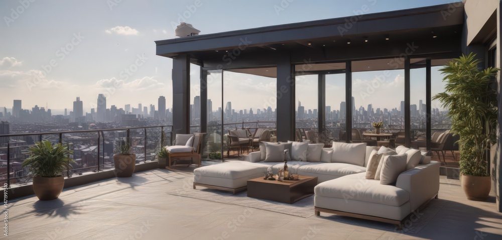 Obraz premium Luxurious condo unit, panoramic city view from private rooftop terrace , panorama, highrise