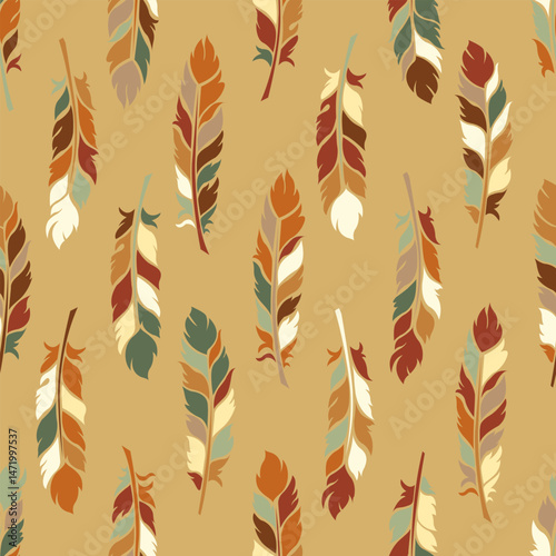 Seamless pattern of stylized feathers in yellow, teal, beige and brown colors on tan background, suitable for fabrics, wallpaper, or other decorative application. 