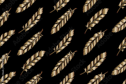 Seamless pattern of stylized golden feathers on black background, suitable for fabrics, wallpaper, or other decorative application. 