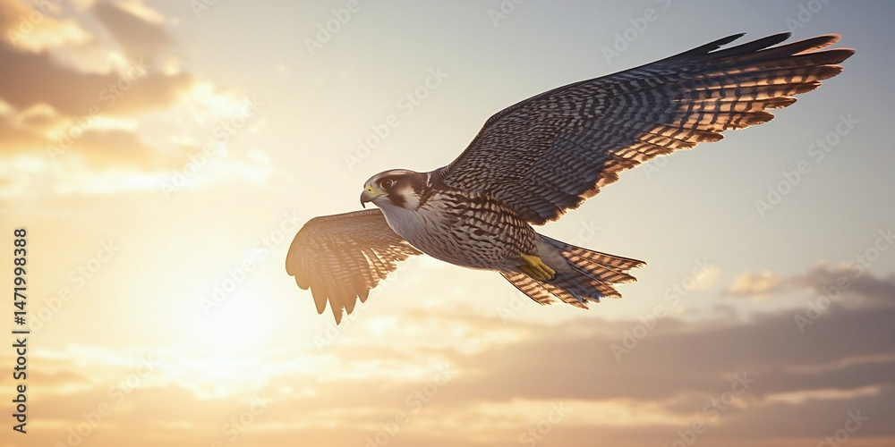 Fototapeta premium Peregrine falcon soars through golden sunset, portraying natural grace and precision