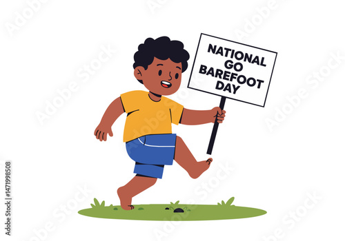 A cheerful young boy celebrates National Go Barefoot Day, holding a sign and playfully stepping outdoors. Bright, playful illustration style.