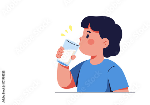 A cheerful young boy drinks milk, celebrating World Milk Day. Bright colors and a simple design make this image ideal for promotional materials.