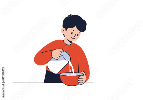 A cheerful young boy pours milk into a bowl, celebrating Milk Day 2025. Bright, playful illustration with a modern style.