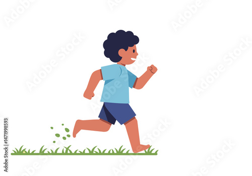 A cheerful young boy runs barefoot on grass, celebrating Go Barefoot Day 2025. Vibrant illustration with a green lawn backdrop. Energetic and playful.