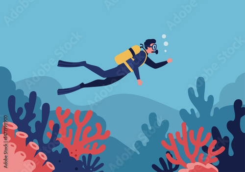 A diver explores a vibrant coral reef during World Awareness Day. The illustration showcases ocean conservation and environmental protection. A clean, modern design.