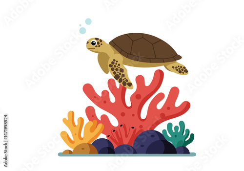 A cute sea turtle swims amongst vibrant coral in a tropical reef.  'World Reef Awareness Day' text overlay.  Bright, cheerful illustration suitable for educational or promotional use.