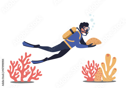 Diver explores a vibrant coral reef. AW/Reness Day 2025 illustration features a scuba diver with a treasure chest, promoting ocean conservation. Bright, colorful, and engaging.