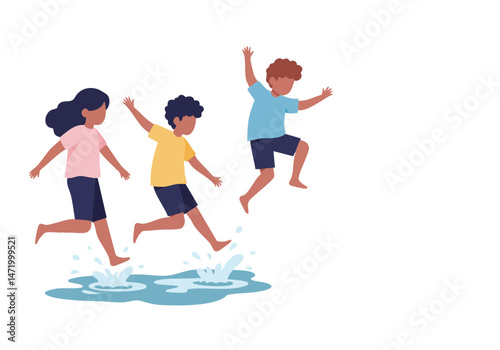 Two children joyfully run barefoot through a puddle, celebrating Go Barefoot Day 2025. A vibrant, playful illustration with a clear composition and positive energy.