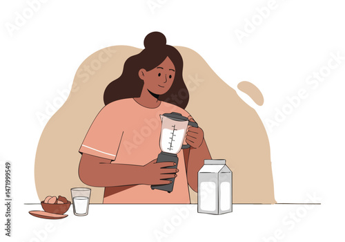 A smiling young woman blends milk in a blender, celebrating Milk Day. A clean, modern kitchen setting with milk cartons and a glass. Bright, cheerful illustration.