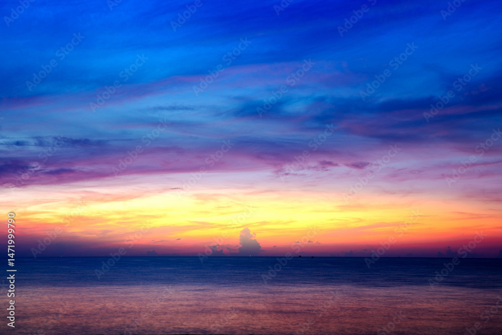 Fototapeta premium Aerial view sunset sky, Beautiful Light Sunset or sunrise over sea,Colorful dramatic majestic scenery sunset Sky, Amazing clouds and small waves in the ocean, Wonderful light cloud background