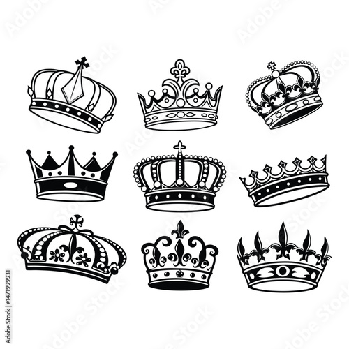 Vector Crown Icons Set - King and Princess Crown Silhouettes, Symbol Collection, and Royal Vector Illustrations