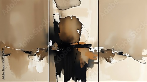 Abstract triptych art piece with expressive brushstrokes and shapes in neutral and warm tones, creating a modern and fluid visual composition.