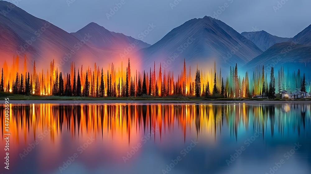 Fototapeta premium Majestic Mountain Lake Reflection Vibrant Sunset Colors Illuminating Evergreen Forest