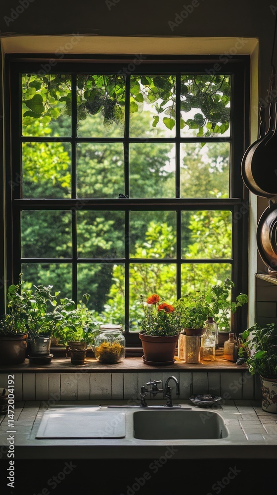 Fototapeta premium A serene kitchen with a large window overlooking a garden.