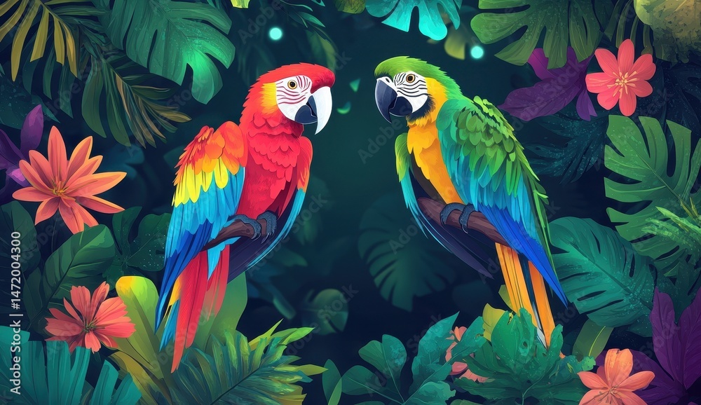 Obraz premium Vibrant Pixel Art Featuring Two Macaws Perched on Branches Surrounded by Lush Tropical Foliage and Exotic Flowers in Deep Green Background