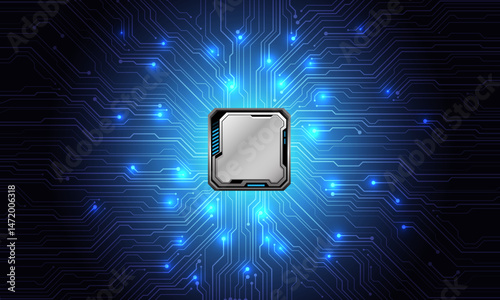 Abstract blue circuit board technology connected lines electronics elements computer motherboard chip processor semiconductor digital background vector