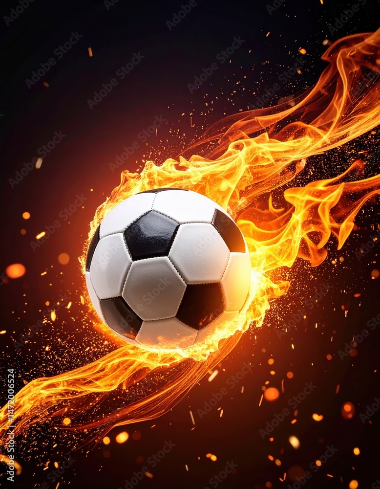 Fototapeta premium Dynamic fiery soccer ball in motion with intense flames and sparks