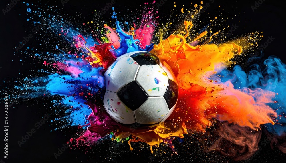 Fototapeta premium Dynamic soccer ball explosion with vibrant color splash