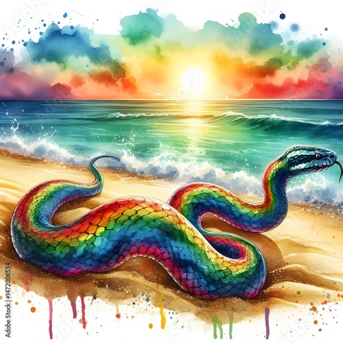 Colorful snake slithering on sandy beach at sunset  