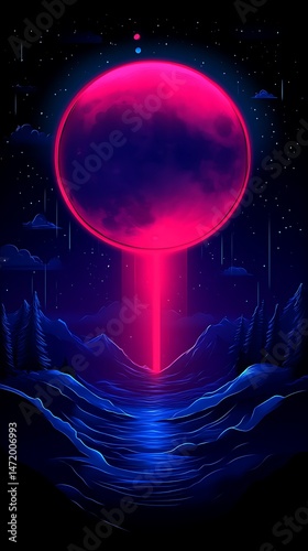 Neon Landscape with Moon and Light Beam