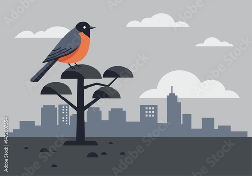 A striking illustration depicts a robin perched on a tree against a cityscape, highlighting habitat loss due to urbanization. Modern, flat design style.