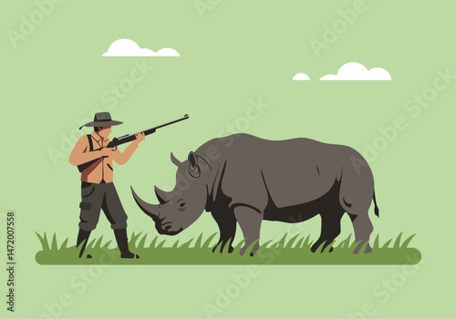A stark illustration depicts a poacher aiming a rifle at a rhino, highlighting the devastating threat of poaching. Dramatic composition and bold colors convey urgency.