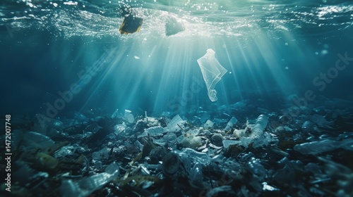 Underwater pollution showing plastic waste in ocean depths  