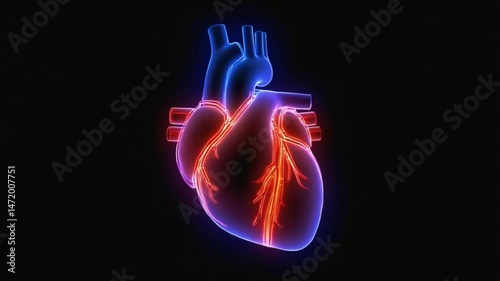 neon human heart beating on dark background. 