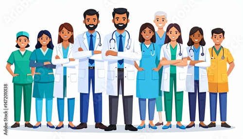 Diverse Group of Medical Professionals Including Doctors, Nurses, and Paramedics in a Collaborative Environment
