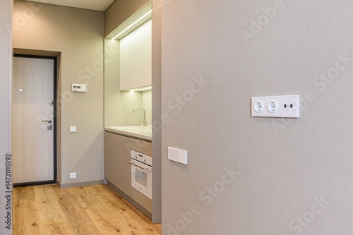 Cozy interior featuring a modern kitchen area, a wooden door, and a wall with electrical outlets, creating a simple and elegant look