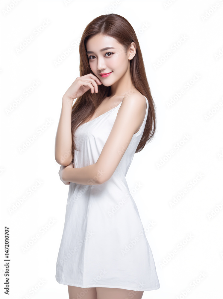 Young Asian woman in a white sleeveless dress standing against a white background, elegantly posing with a soft smile.. Generative by AI