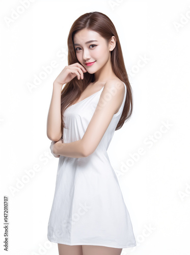 Obraz na płótnie Young Asian woman in a white sleeveless dress standing against a white background, elegantly posing with a soft smile.. Generative by AI w salonie