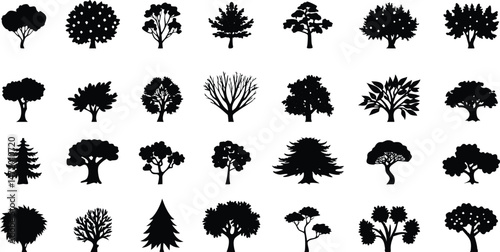 Various deciduous tree silhouettes on white background. vector set. PNG on white background