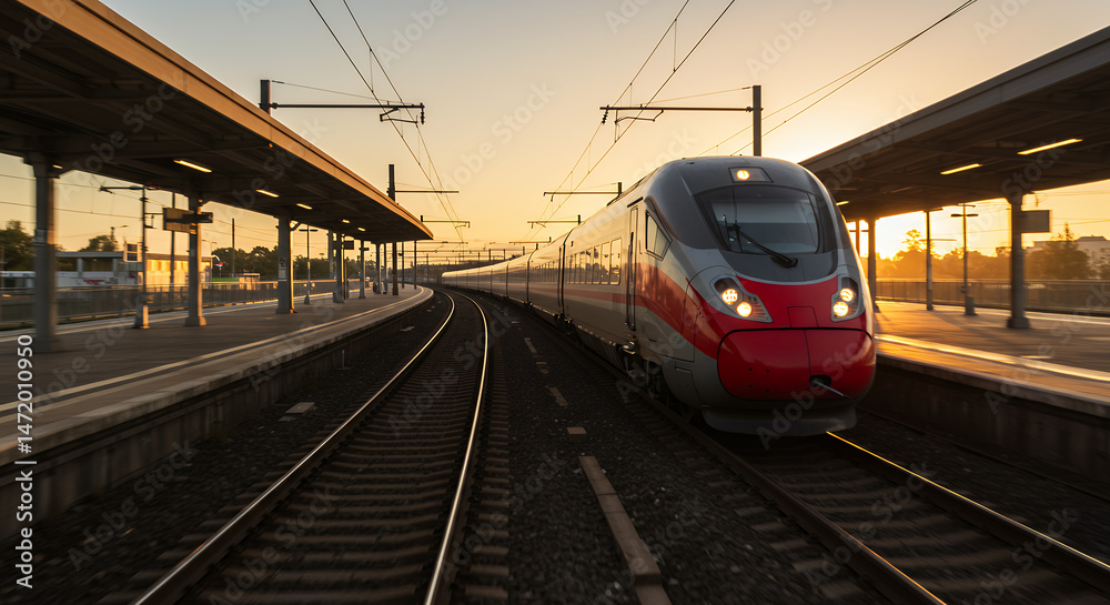 Naklejka premium High-Speed Rail at Dawn: Modern Train Journey, Transportation Excellence & Sunrise Scenic View