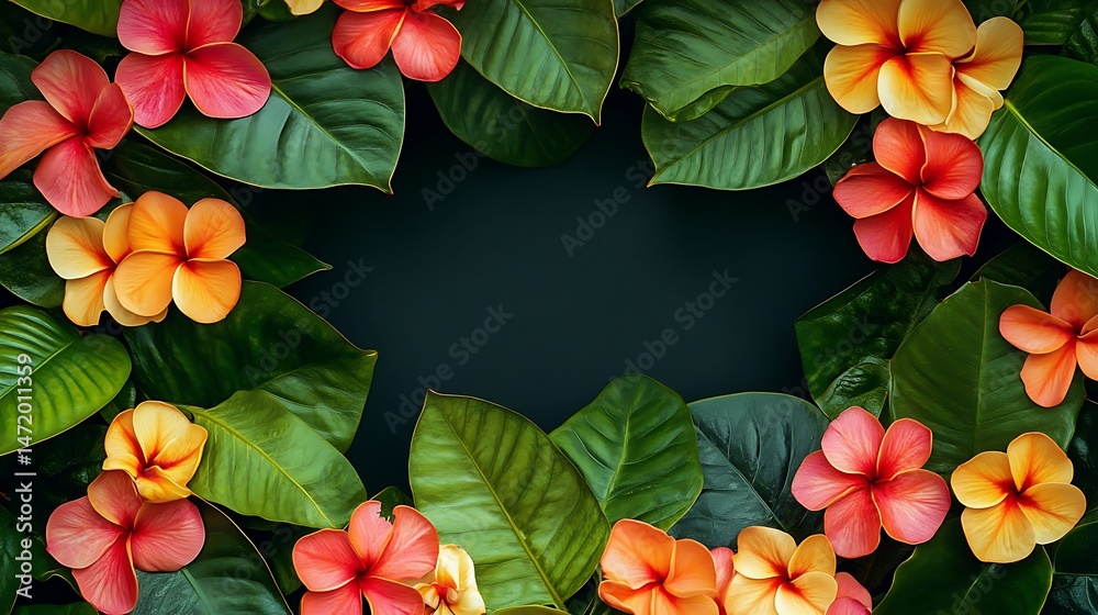 Fototapeta premium Tropical Flowers Frame with Dark Background. (1)