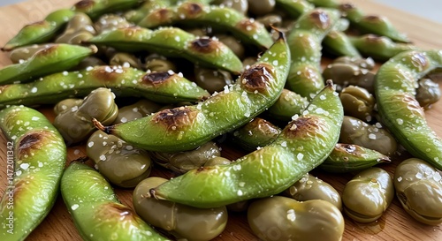 Roasted edamame and fava beans on wooden surface