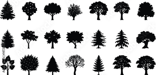 Various deciduous tree silhouettes on white background. vector set. PNG on white background